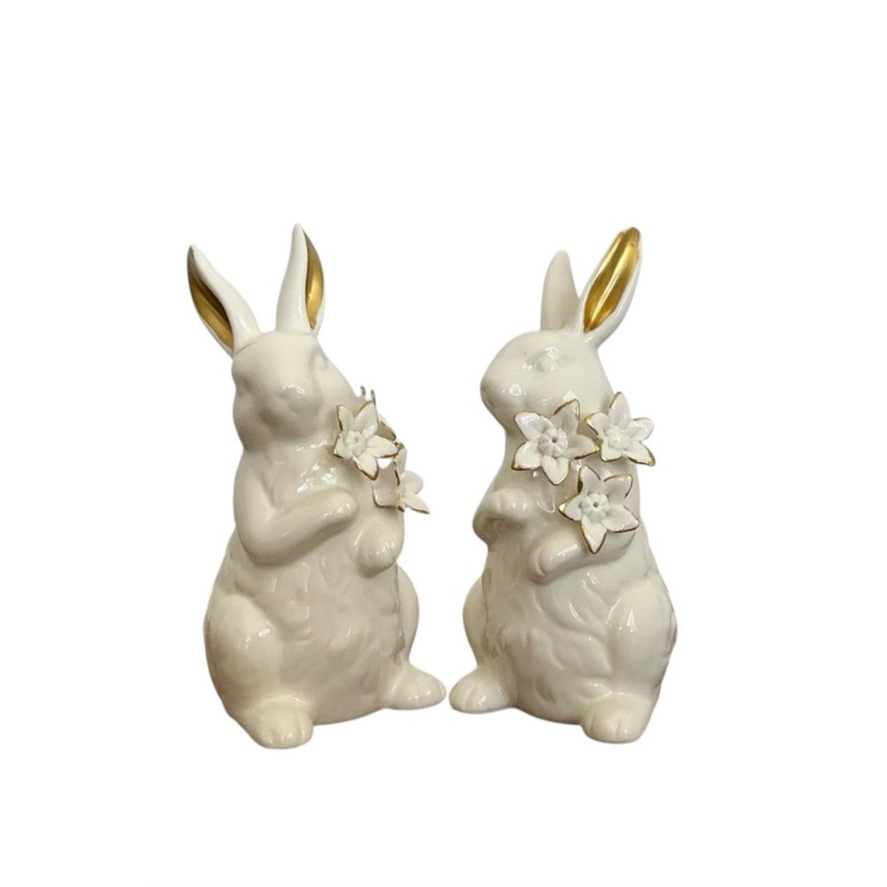Ceramic Bunny Figurine Pair with Gold Ears & Flowers | Spring Decor